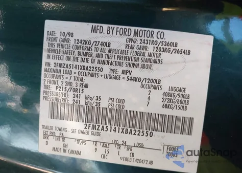 1999 Ford Windstar Lx from USA, damaged, VIN 2FMZA5141XBA22550